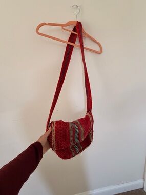 Handwoven Red Shoulder Bag with Multicolor Stripe Accent